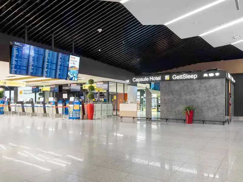 GettSleep capsule hotel main entrance exterior Terminal B departure Sheremetyevo airport