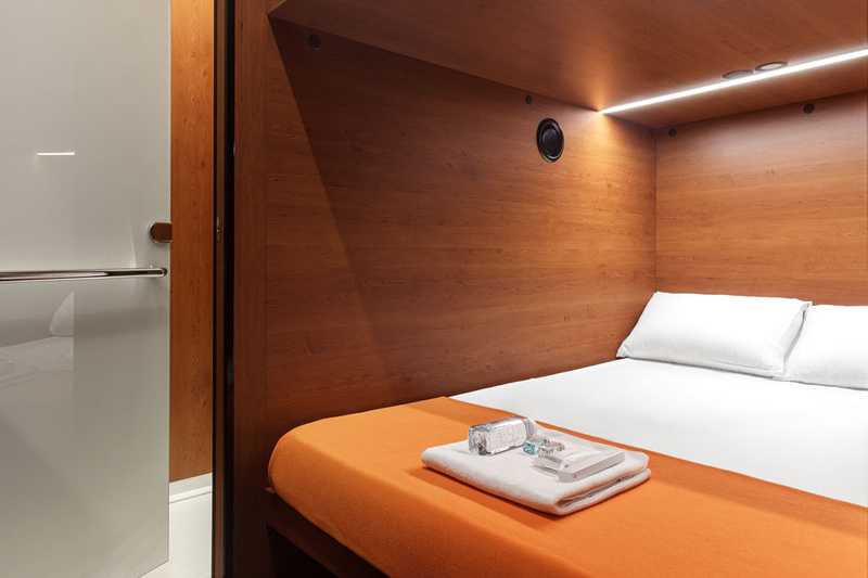 Interior of cozy lower mini-suite with modern design and bathroom at Sheremetyevo Terminal C